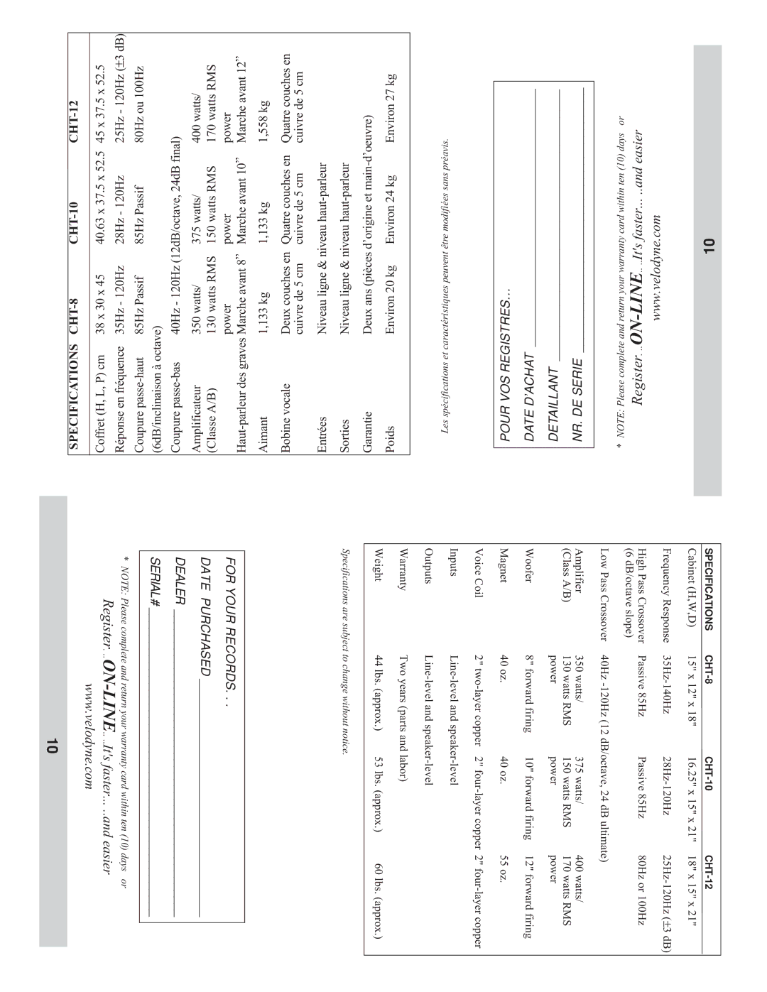 Velodyne Acoustics CHT-10, CHT-12 owner manual Specifications CHT-8 