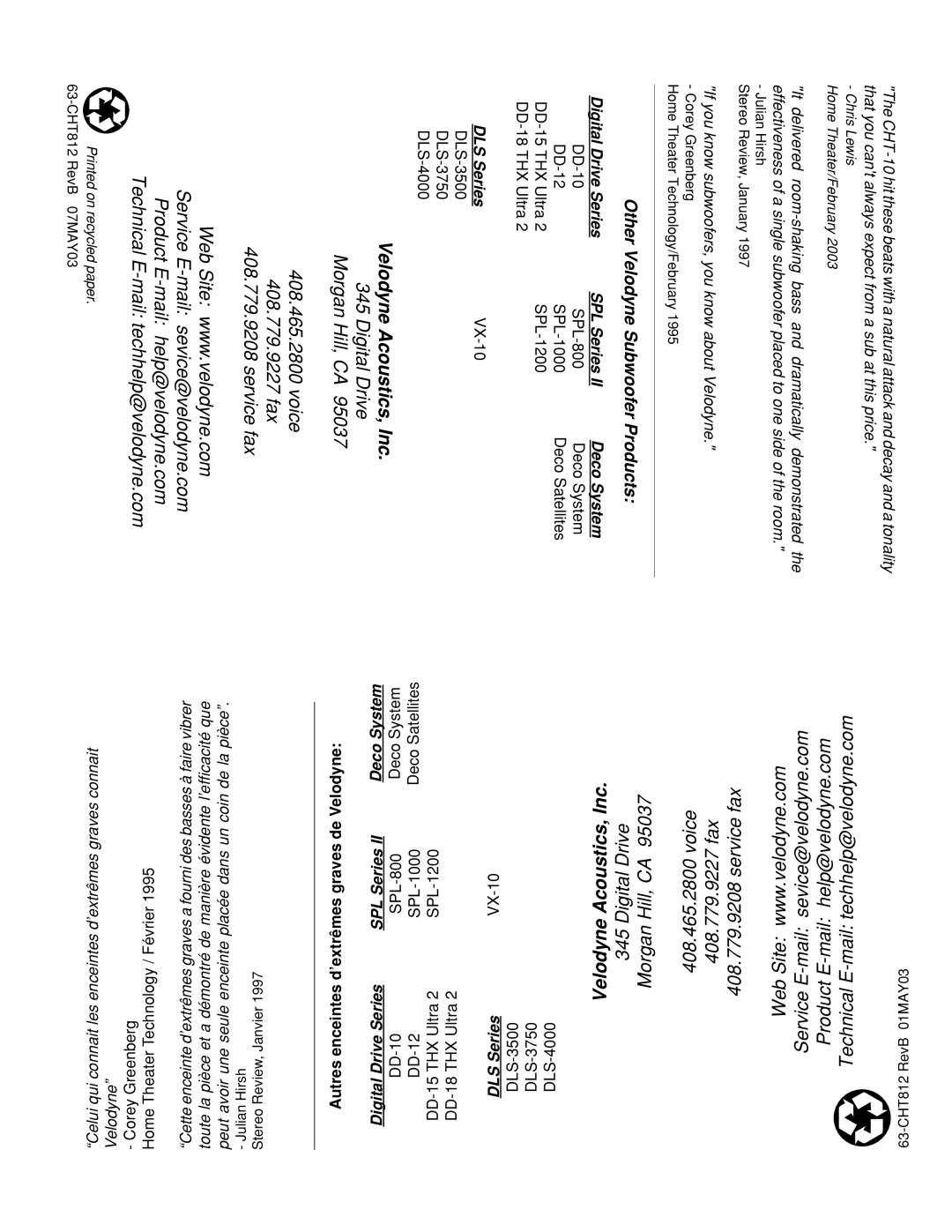 Velodyne Acoustics CHT-10, CHT-12, CHT-8 owner manual VelodyneAcoustics,Inc DigitalDrive MorganHill,CA 