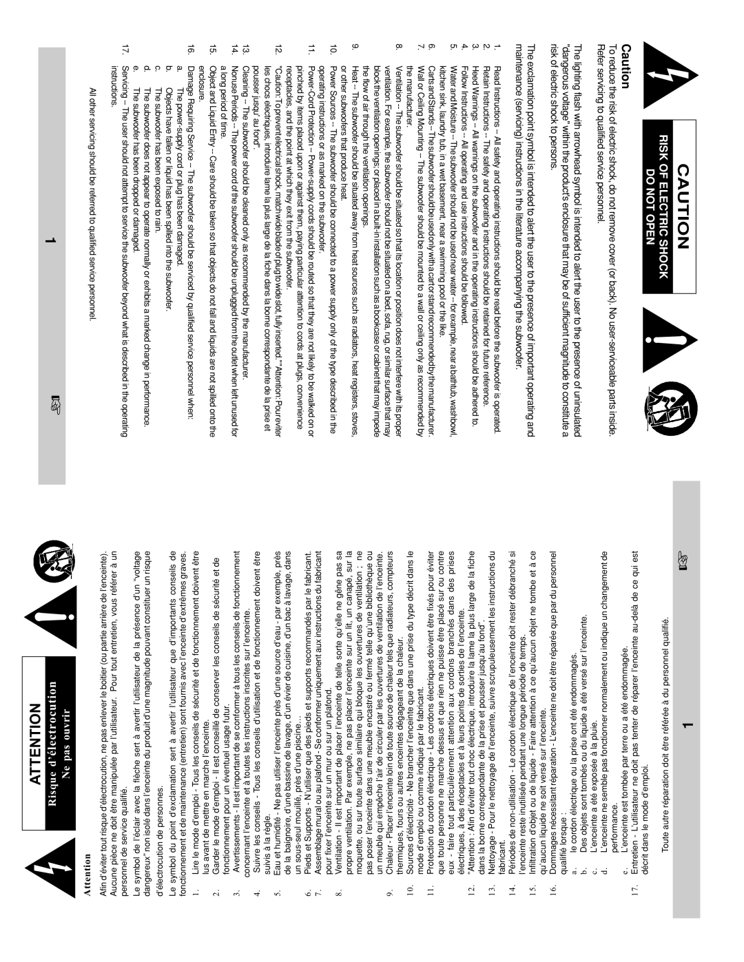 Velodyne Acoustics CHT-8, CHT-10, CHT-12 owner manual Risk of Electric Shock do not Open 