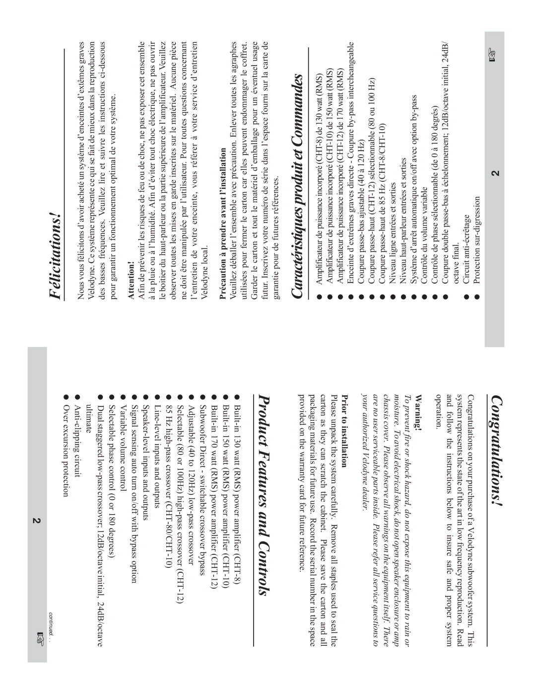 Velodyne Acoustics CHT-10, CHT-12, CHT-8 owner manual Product Features and Controls, Congratulations 