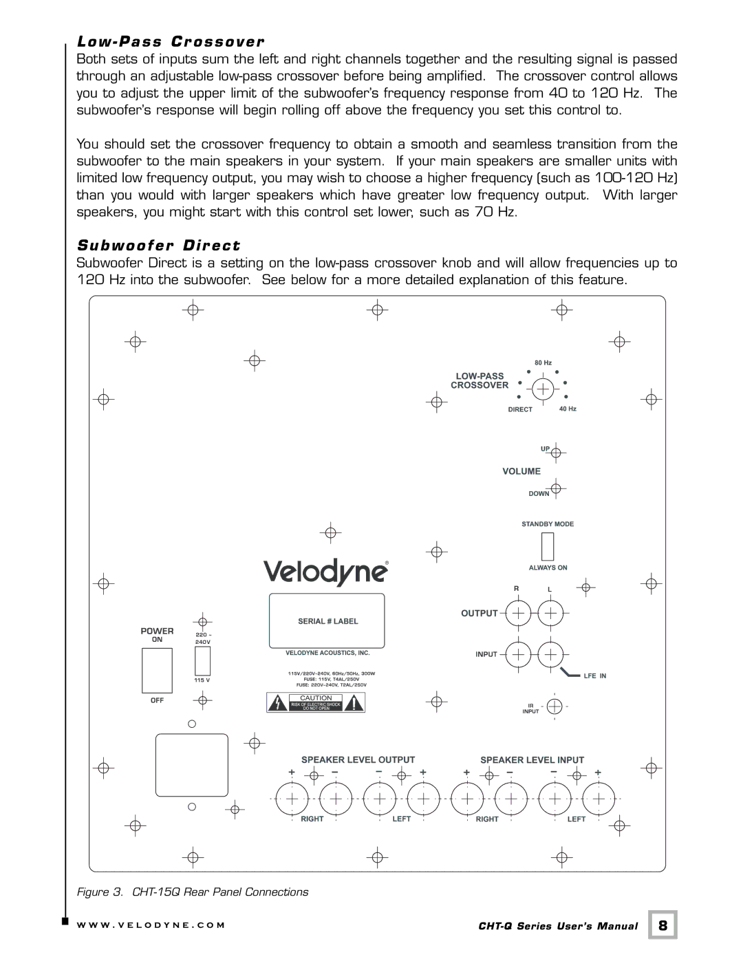 Velodyne Acoustics CHT-15Q, CHT-10Q, CHT-12Q, CHT- 8Q user manual Low Pass Cr ossover, Subwoofer Dir ect 