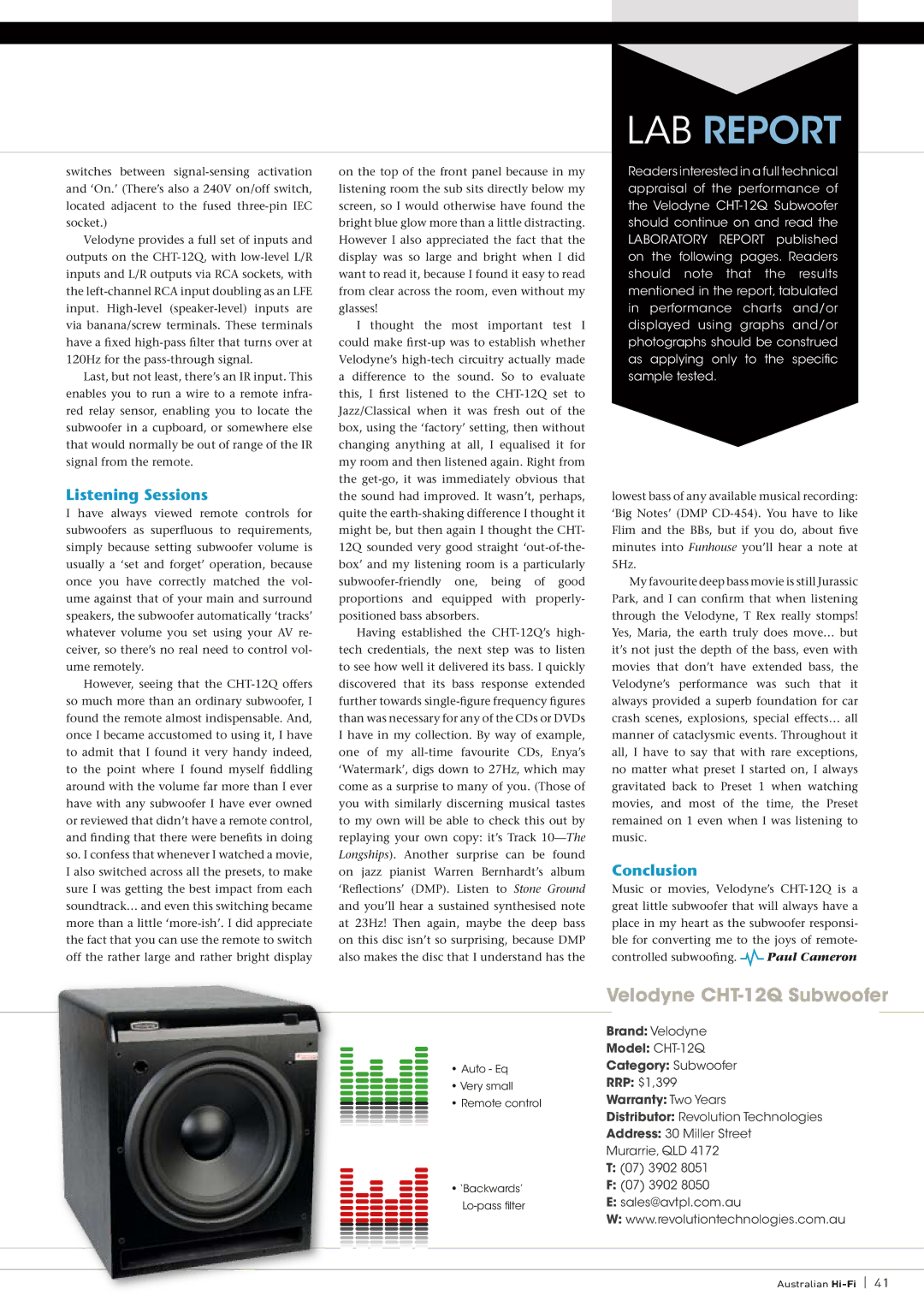 Velodyne Acoustics CHT-12Q owner manual Listening Sessions, Conclusion 