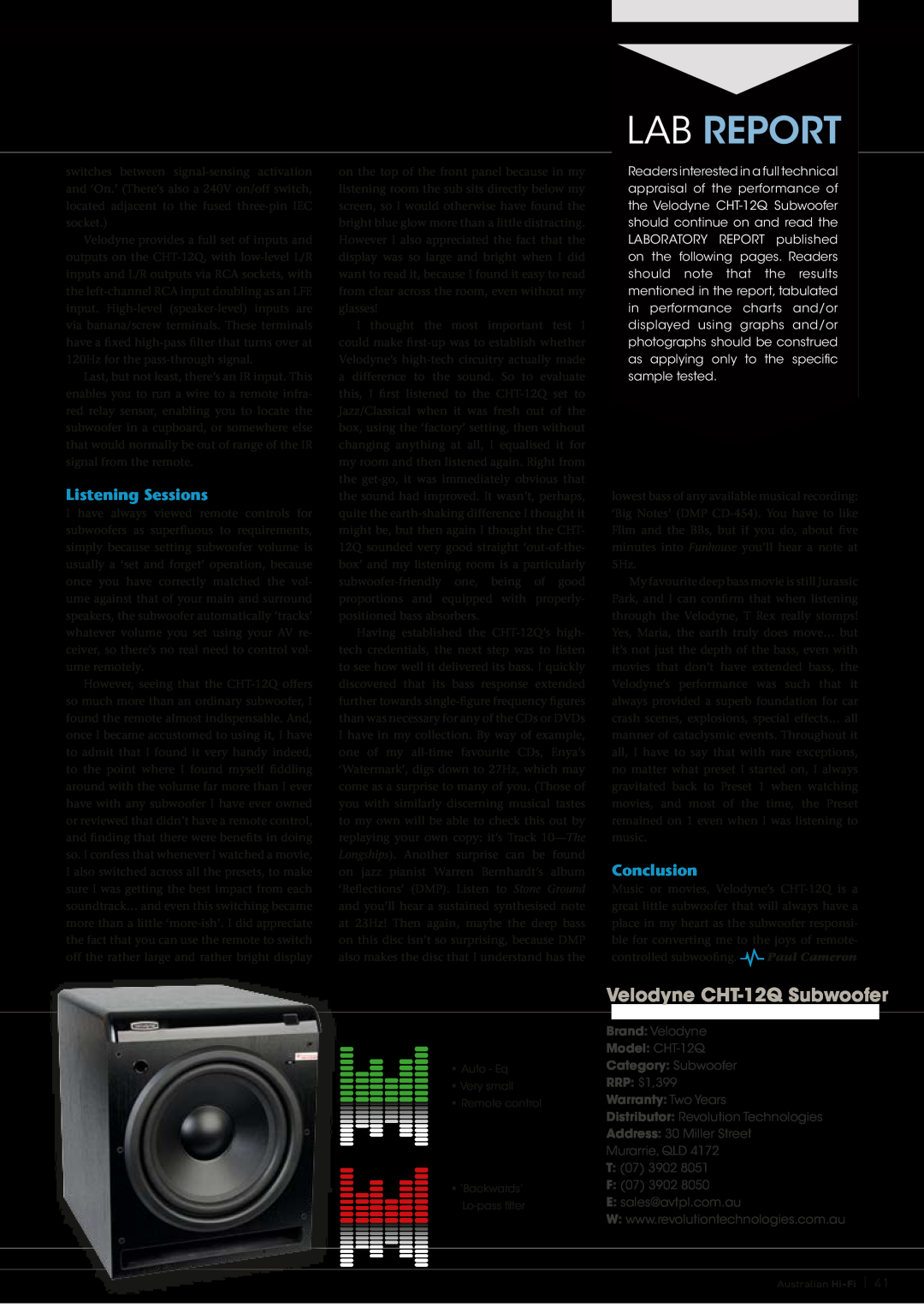Velodyne Acoustics owner manual Listening Sessions, Conclusion, Lab Report, Velodyne CHT-12QSubwoofer 