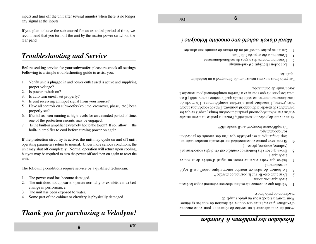 Velodyne Acoustics CHT-15 owner manual Troubleshooting and Service, Thank you for purchasing a Velodyne 