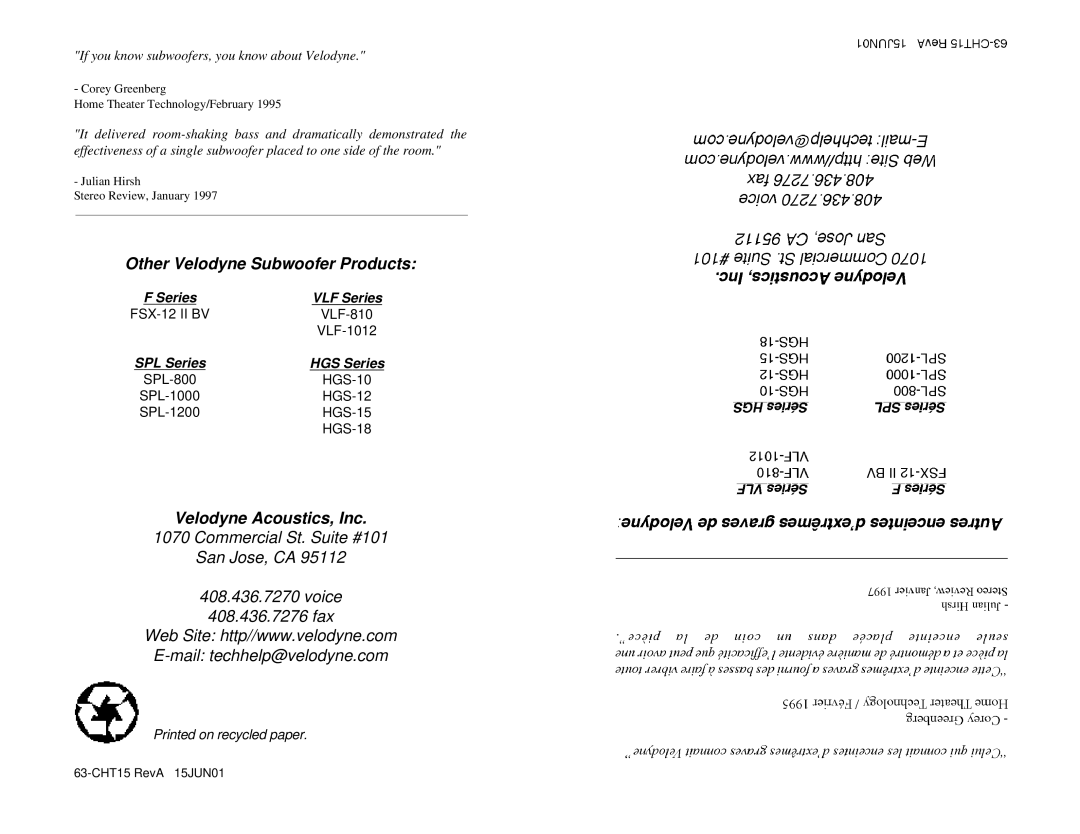 Velodyne Acoustics CHT-15 owner manual Other Velodyne Subwoofer Products 