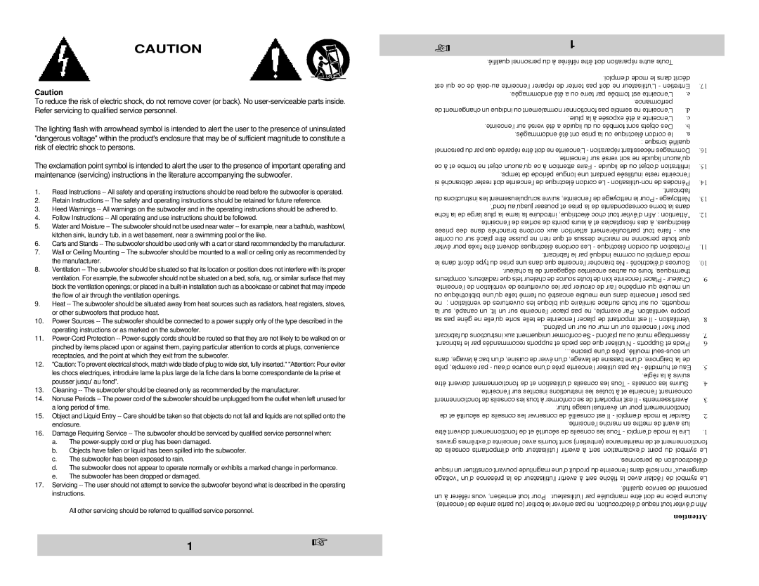 Velodyne Acoustics CHT-15 owner manual 