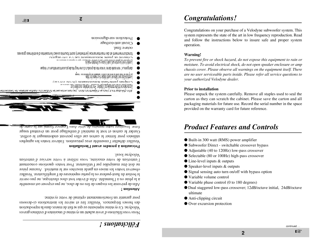 Velodyne Acoustics CHT-15 owner manual Congratulations, Product Features and Controls, Prior to installation 