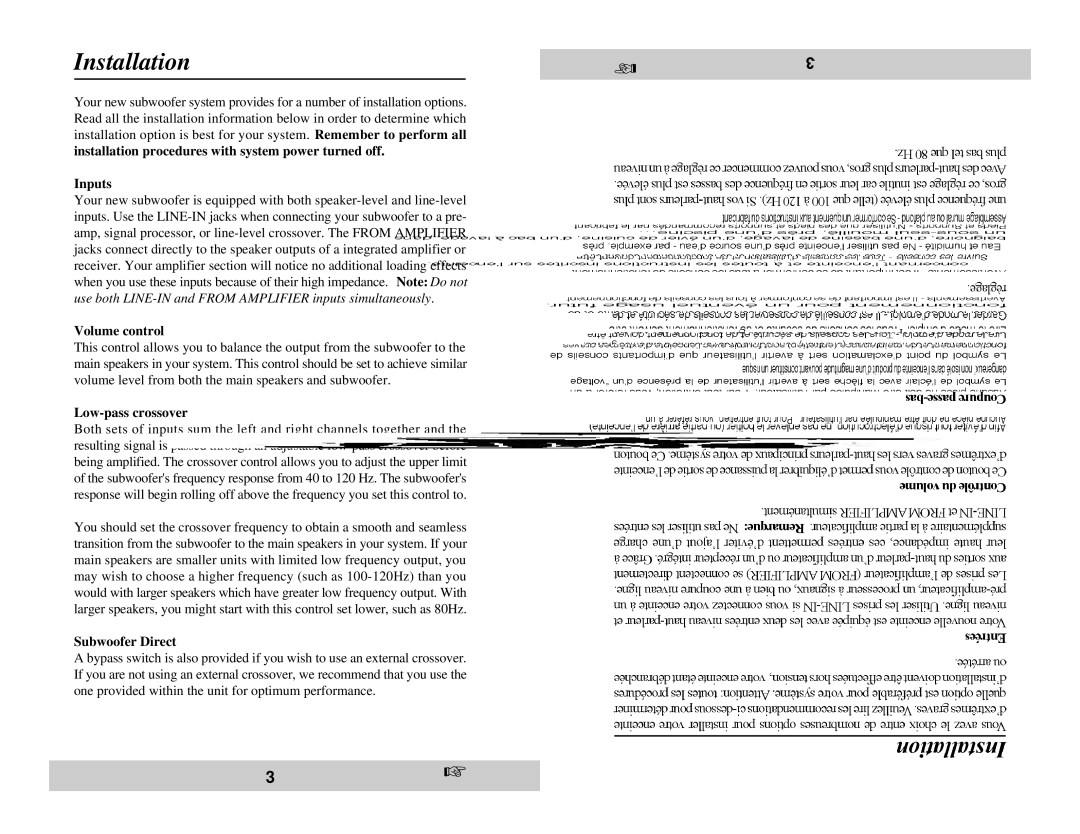 Velodyne Acoustics CHT-15 owner manual Installation, Inputs, Volume control, Low-pass crossover, Subwoofer Direct 