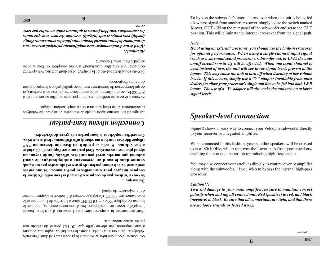 Velodyne Acoustics CHT-15 owner manual Speaker-level connection 