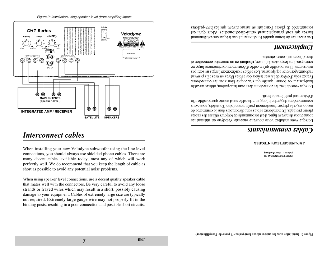 Velodyne Acoustics CHT-15 owner manual Interconnect cables, Installation using speaker-level from amplifier inputs 