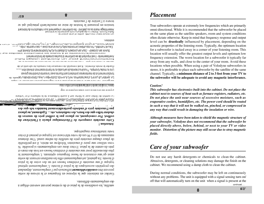 Velodyne Acoustics CHT-15 owner manual Placement, Care of your subwoofer 