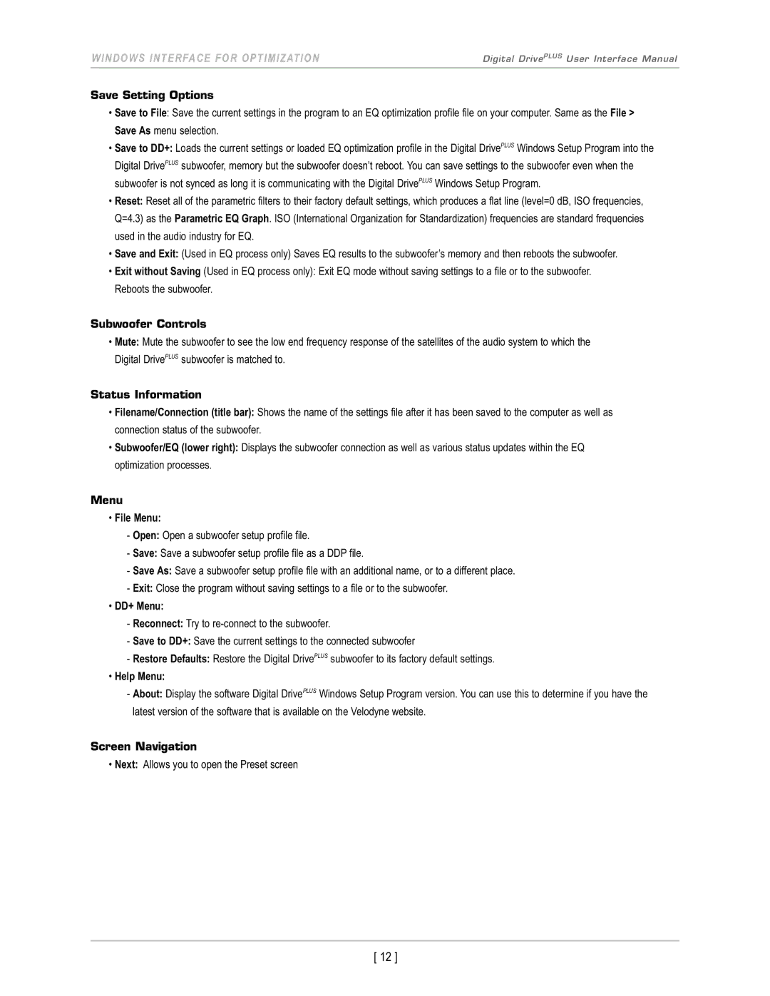 Velodyne Acoustics DD-12+, DD-18+ Save Setting Options, Subwoofer Controls, Status Information, Menu File Menu, DD+ Menu 