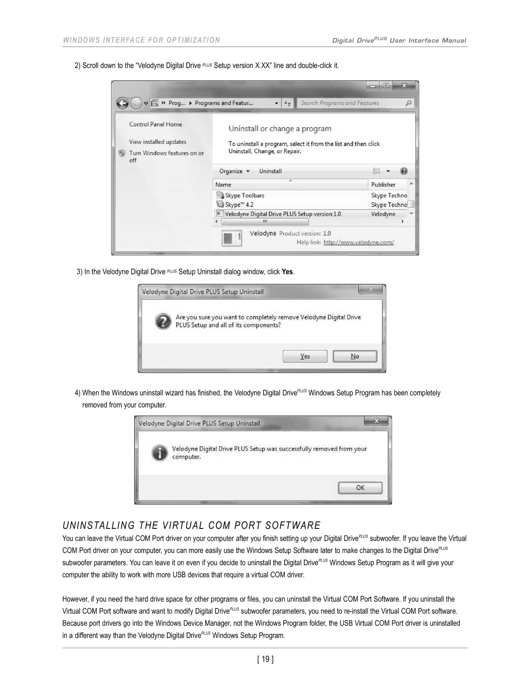 Velodyne Acoustics DD-15+, DD-18+, DD-12+, DD-10+ manual Uninstalling the Virtual COM Port Software 