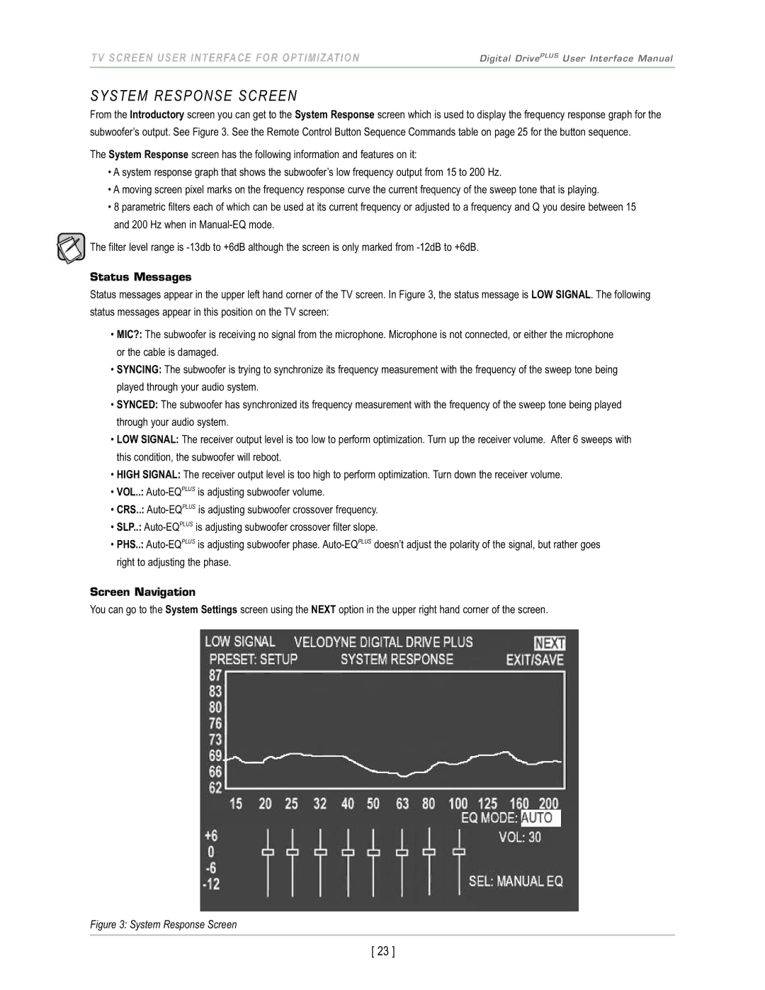 Velodyne Acoustics DD-15+, DD-18+, DD-12+, DD-10+ manual System Response Screen, Status Messages 