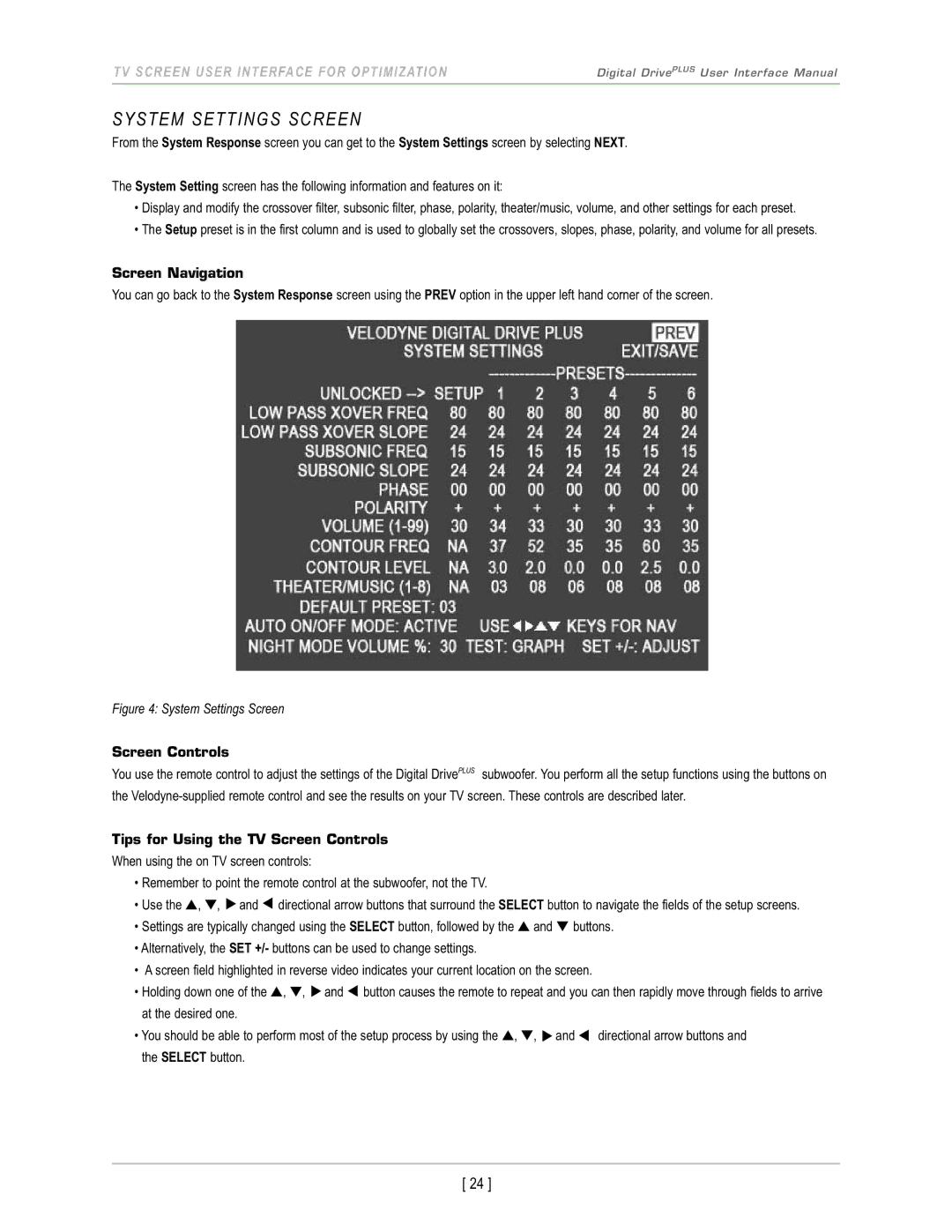 Velodyne Acoustics DD-12+, DD-18+, DD-15+, DD-10+ manual System Settings Screen, Tips for Using the TV Screen Controls 