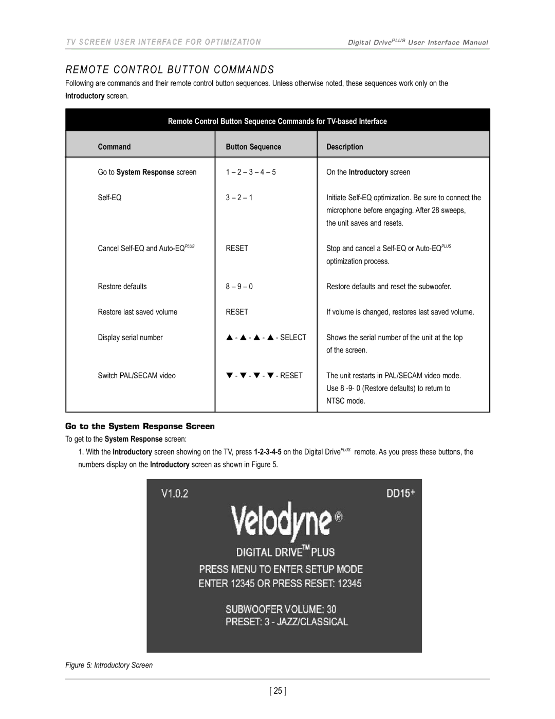 Velodyne Acoustics DD-10+, DD-18+, DD-15+, DD-12+ manual Remote Control Button Commands, Go to the System Response Screen 