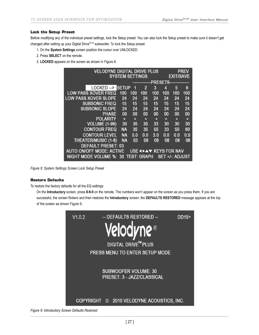 Velodyne Acoustics DD-15+, DD-18+, DD-12+, DD-10+ manual Lock the Setup Preset, Restore Defaults 