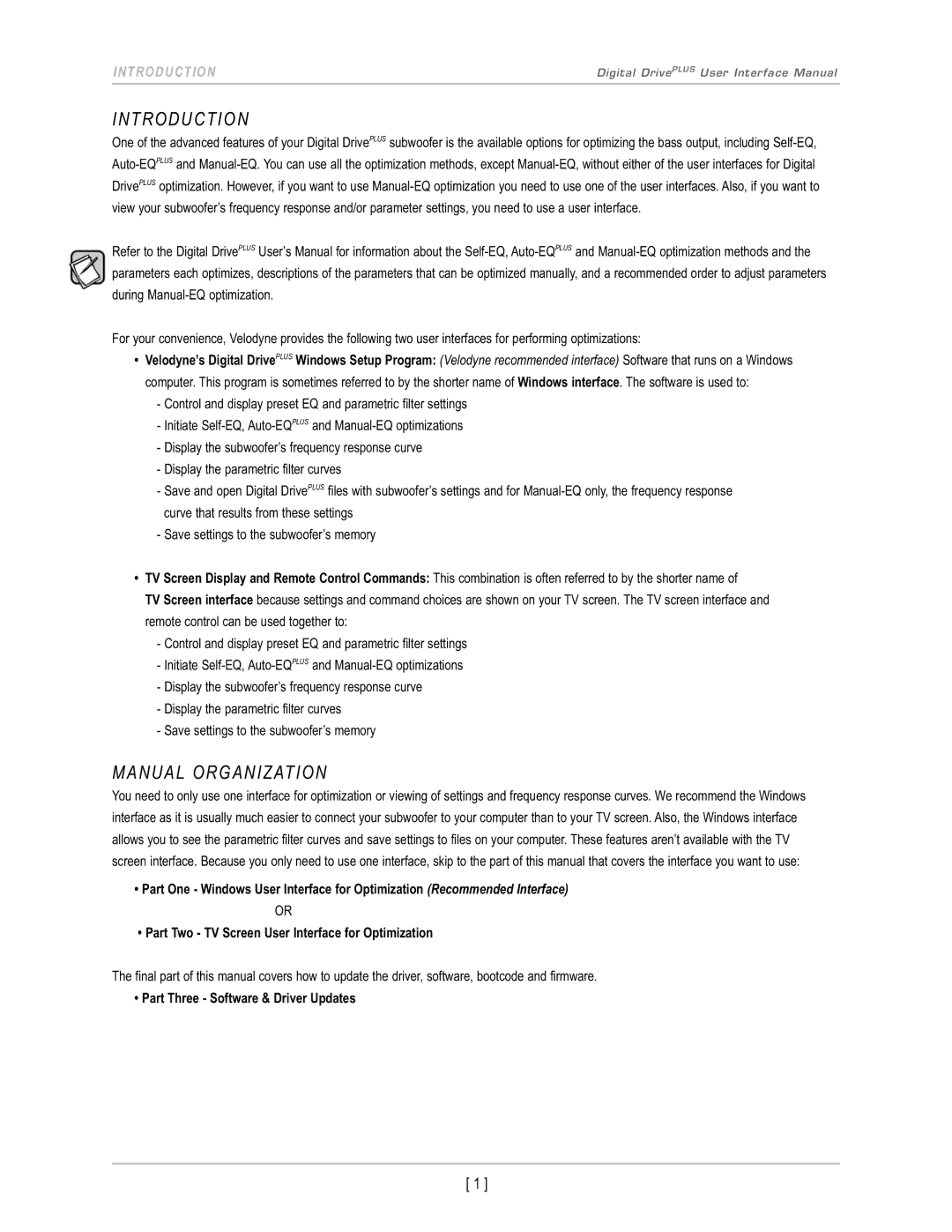 Velodyne Acoustics DD-10+, DD-18+, DD-15+, DD-12+ Introduction, Manual Organization, Part Three Software & Driver Updates 