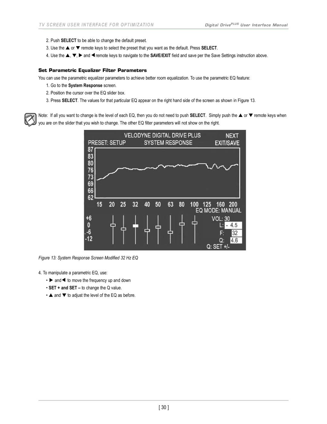 Velodyne Acoustics DD-18+, DD-15+ Set Parametric Equalizer Filter Parameters, System Response Screen Modified 32 Hz EQ 