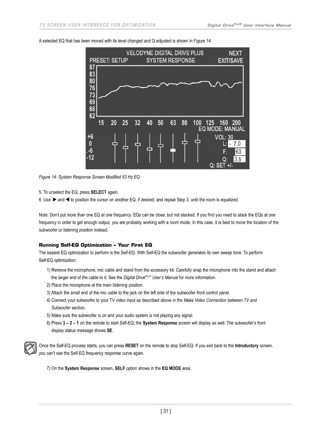 Velodyne Acoustics DD-15+, DD-18+ System Response Screen Modified 63 Hz EQ, Running Self-EQ Optimization Your First EQ 