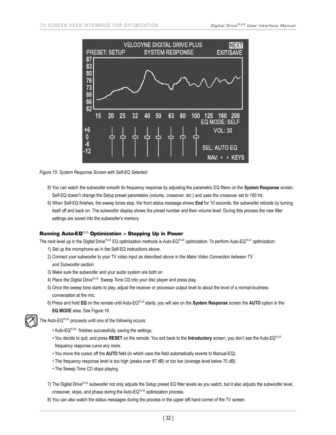 Velodyne Acoustics DD-12+, DD-18+, DD-15+, DD-10+ manual System Response Screen with Self-EQ Selected 