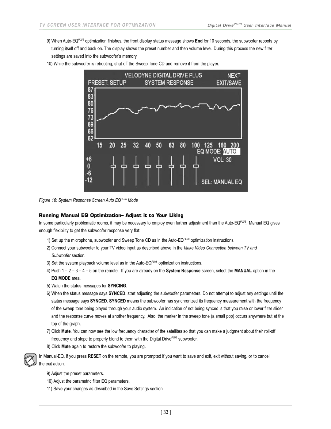 Velodyne Acoustics DD-10+, DD-18+, DD-15+, DD-12+ manual System Response Screen Auto Eqplus Mode 