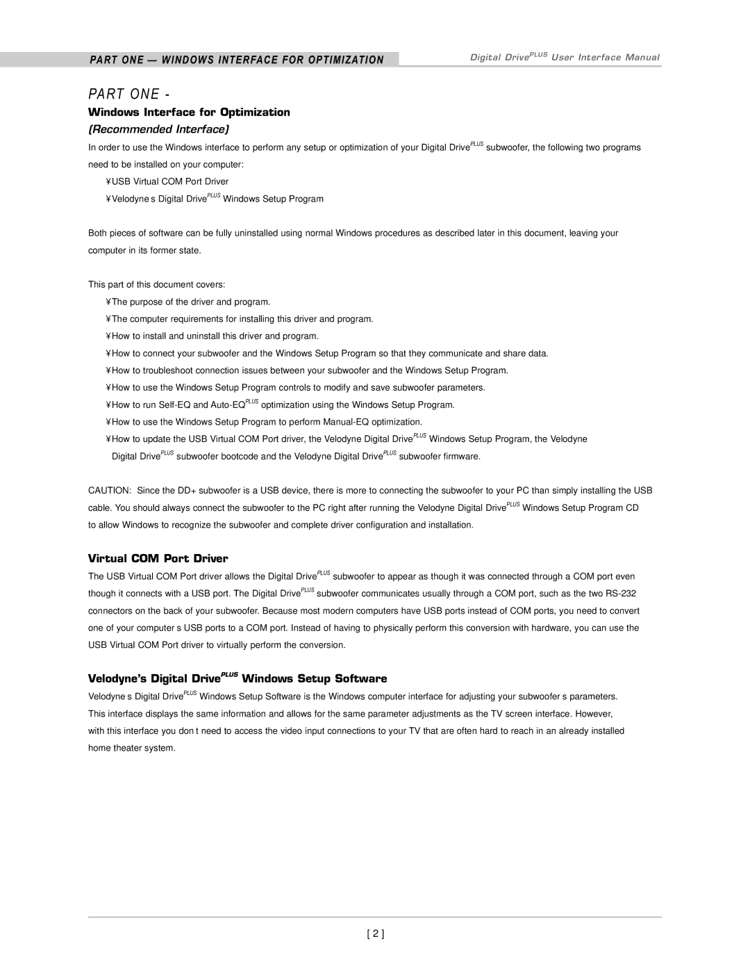 Velodyne Acoustics DD-18+, DD-15+, DD-12+, DD-10+ manual Part ONE, Windows Interface for Optimization, Virtual COM Port Driver 