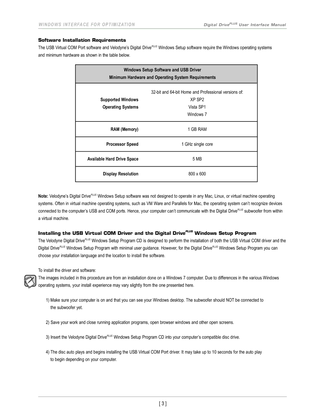 Velodyne Acoustics DD-15+, DD-18+ Software Installation Requirements, Supported Windows, Operating Systems, RAM Memory 