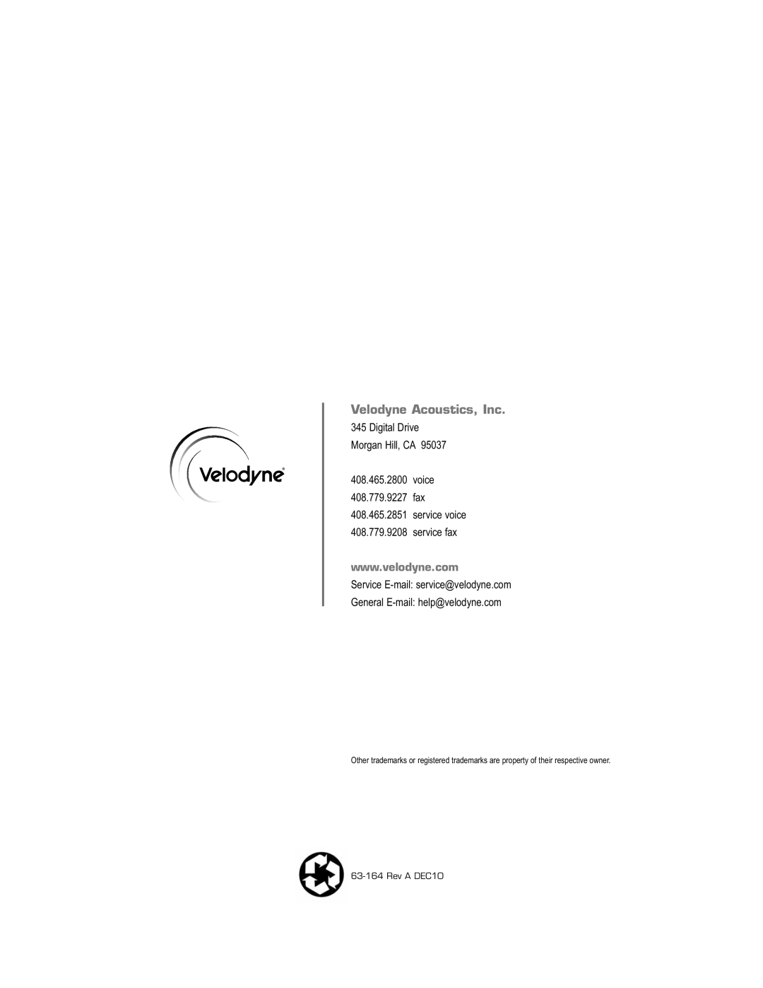 Velodyne Acoustics DD-18+, DD-15+, DD-12+, DD-10+ manual Velodyne Acoustics, Inc, 63-164Rev A DEC10 