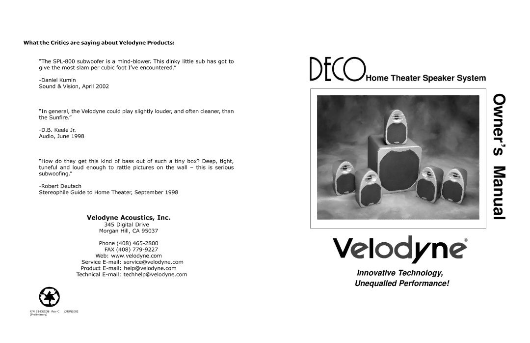 Velodyne Acoustics DECO owner manual Home Theater Speaker System 