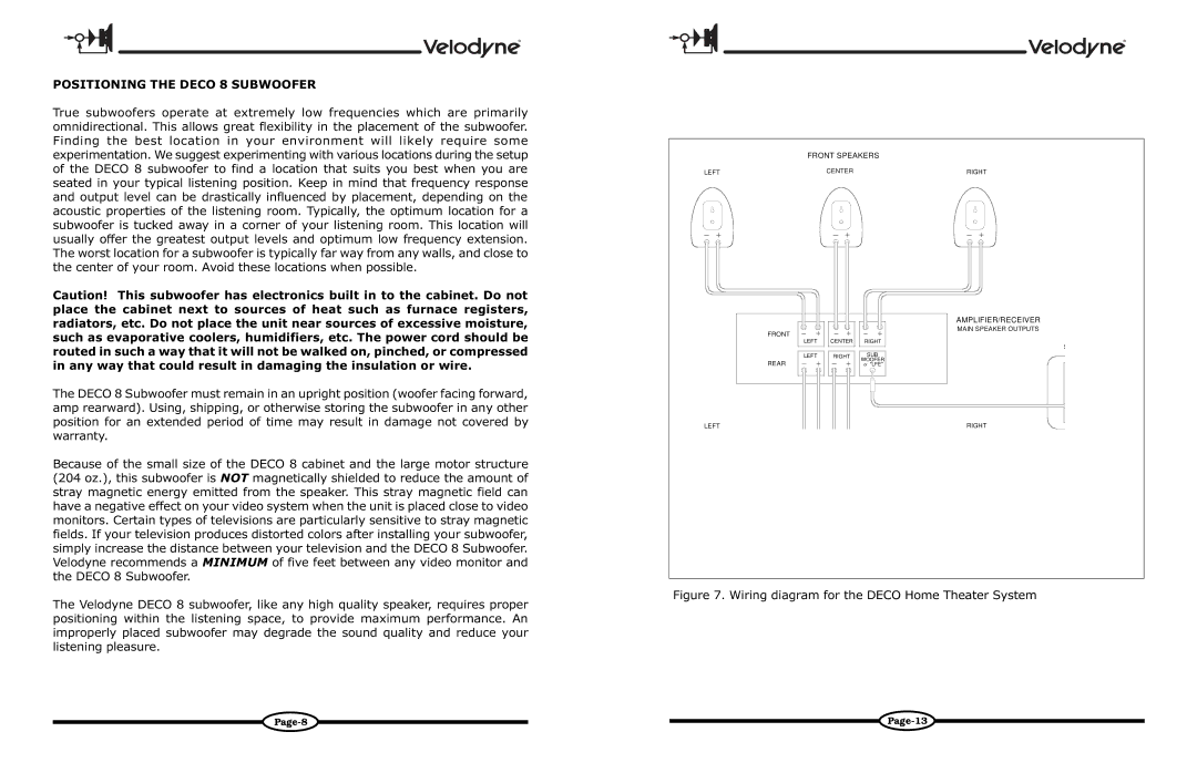 Velodyne Acoustics DECO owner manual Positioning the Deco 8 Subwoofer, Wiring diagram for the Deco Home Theater System 