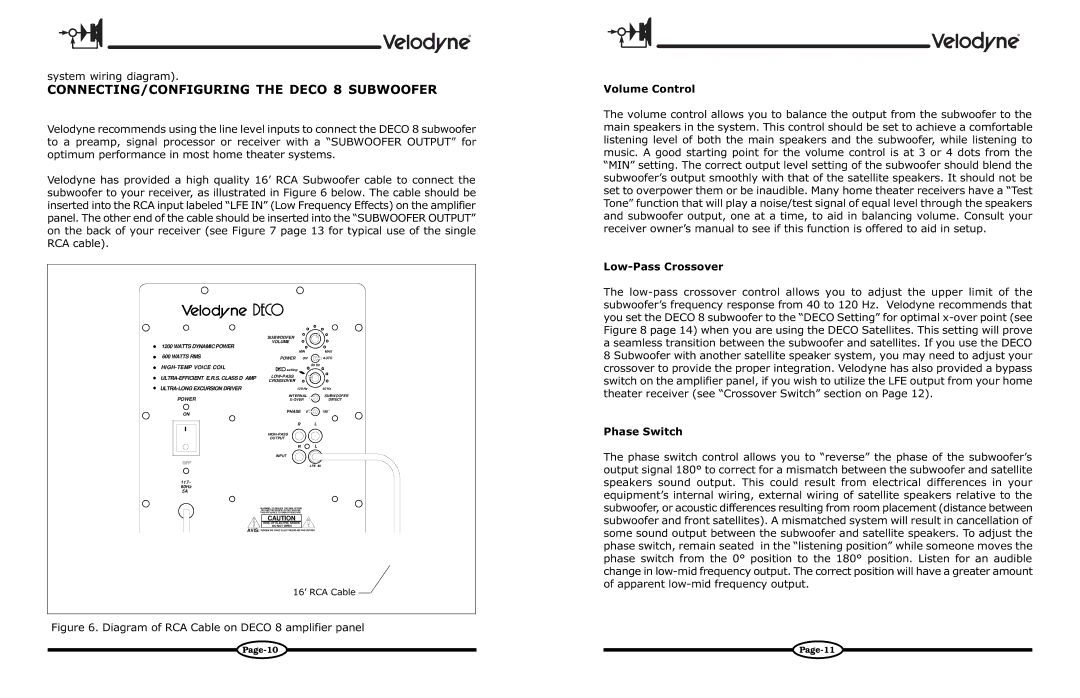 Velodyne Acoustics DECO owner manual CONNECTING/CONFIGURING the Deco 8 Subwoofer, 117~ 60Hz 