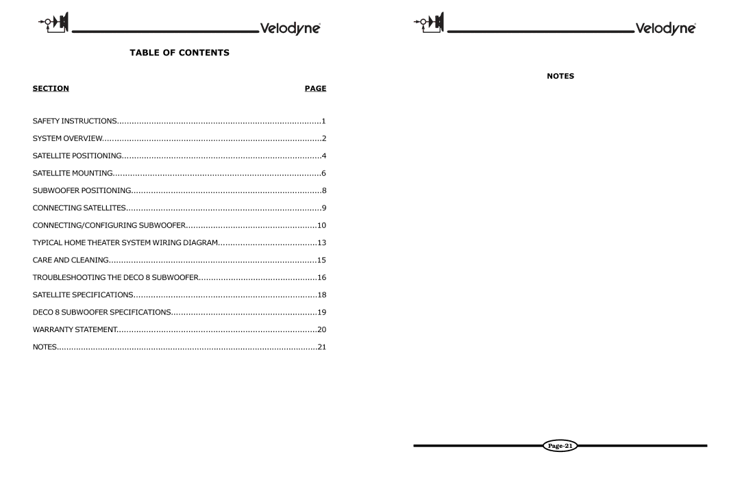 Velodyne Acoustics DECO owner manual Table of Contents 