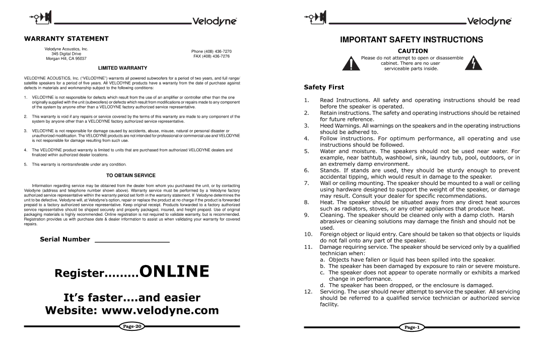 Velodyne Acoustics DECO owner manual Warranty Statement, Limited Warranty 