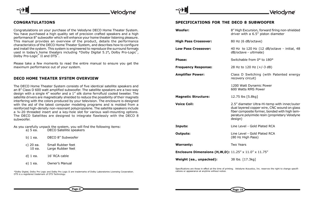 Velodyne Acoustics DECO Congratulations, Deco Home Theater System Overview, Specifications for the Deco 8 Subwoofer 