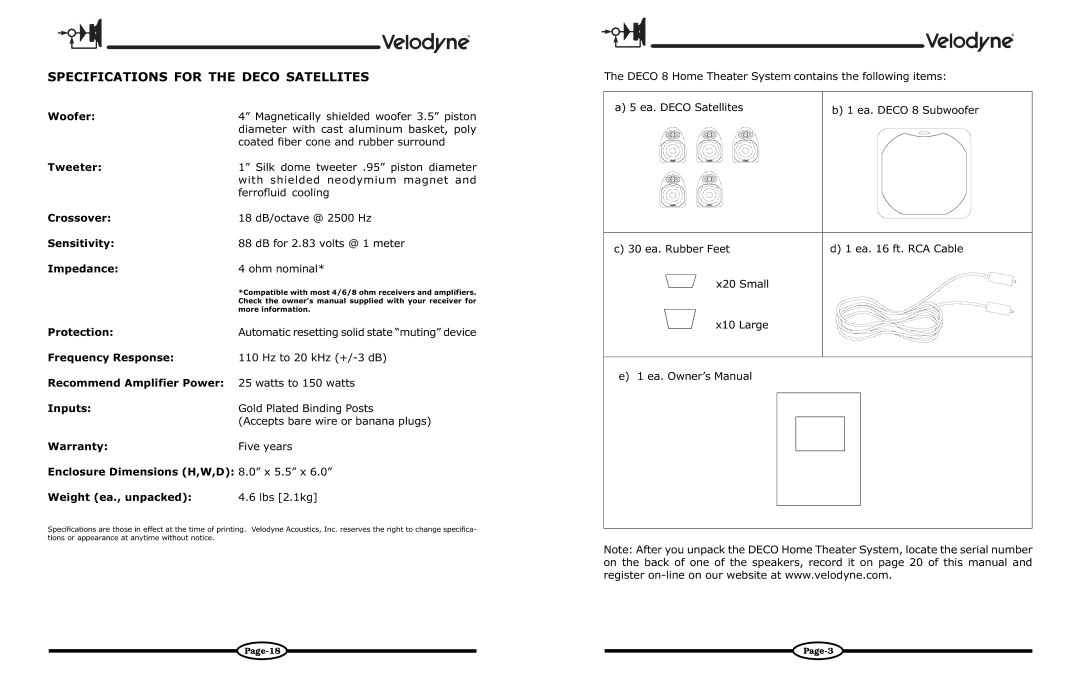 Velodyne Acoustics DECO owner manual Specifications for the Deco Satellites 