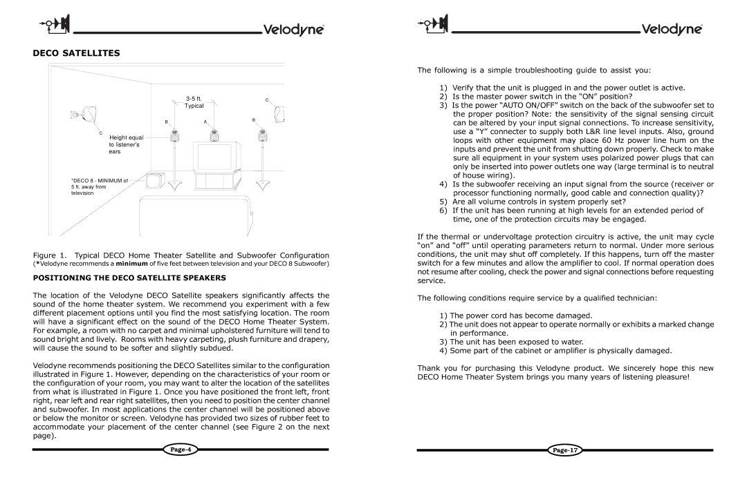 Velodyne Acoustics DECO owner manual Deco Satellites, Positioning the Deco Satellite Speakers 