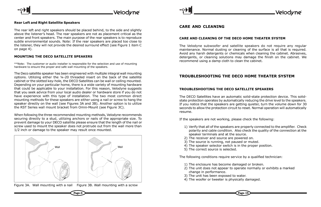 Velodyne Acoustics DECO owner manual Care and Cleaning, Troubleshooting the Deco Home Theater System 