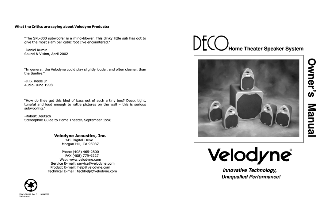 Velodyne Acoustics DECO owner manual Velodyne Acoustics, Inc, Home Theater Speaker System 