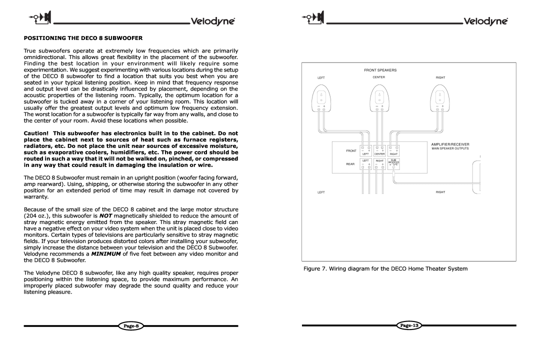Velodyne Acoustics owner manual POSITIONING THE DECO 8 SUBWOOFER 