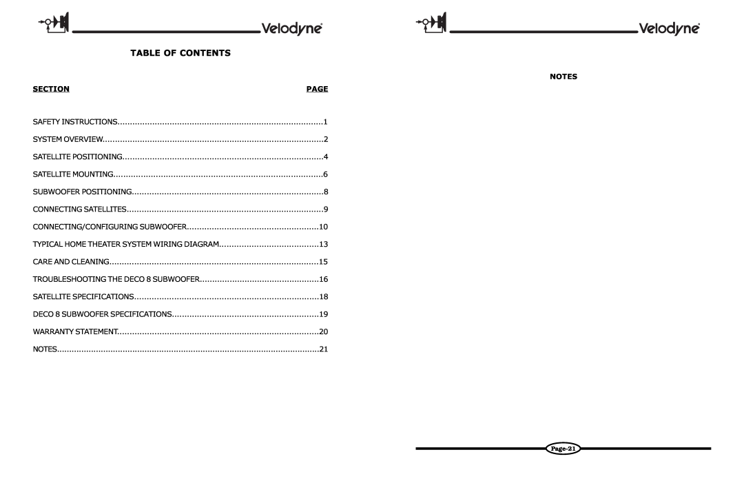 Velodyne Acoustics DECO owner manual Table Of Contents 