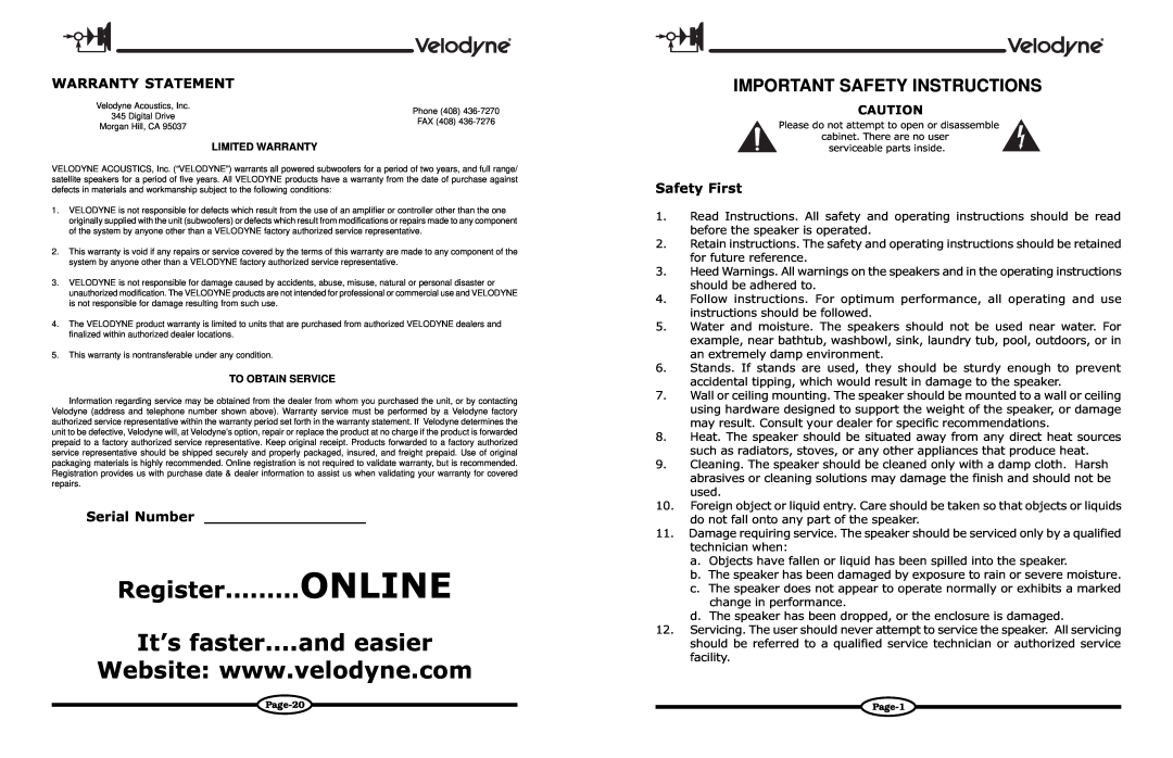 Velodyne Acoustics DECO Warranty Statement, Serial Number, Safety First, Online, Register, It’s faster, and easier 