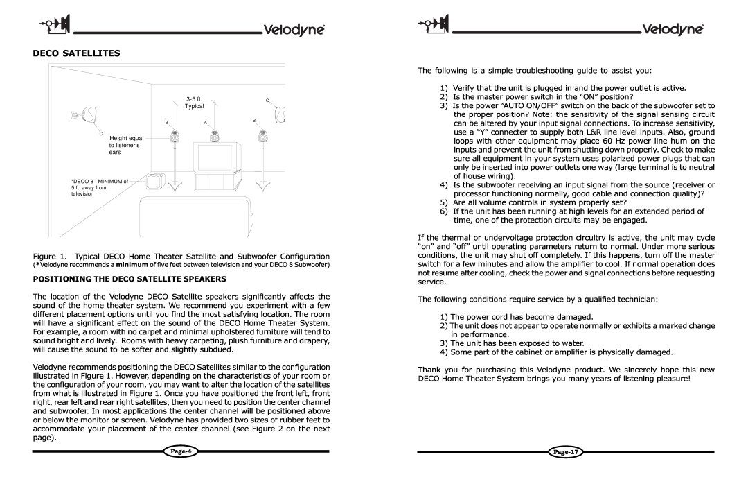 Velodyne Acoustics DECO owner manual Deco Satellites 