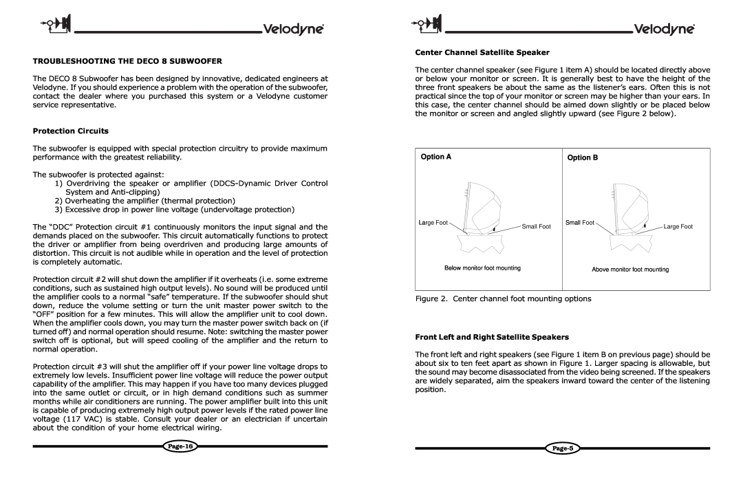Velodyne Acoustics DECO owner manual Option A, Option B 
