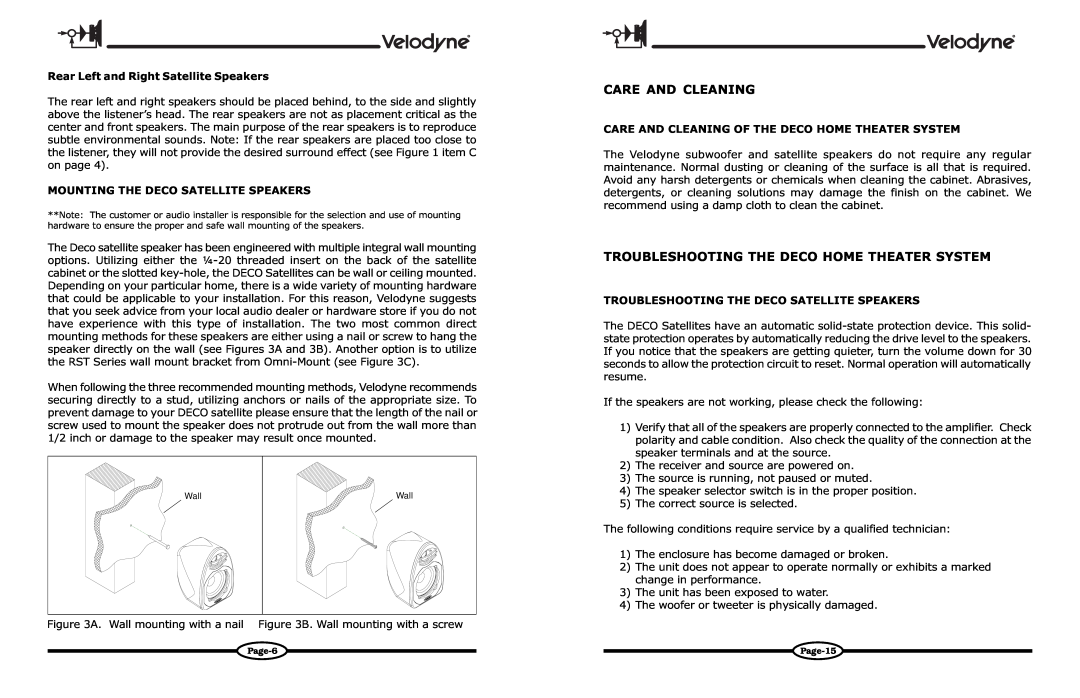 Velodyne Acoustics DECO owner manual Care And Cleaning, Troubleshooting The Deco Home Theater System 
