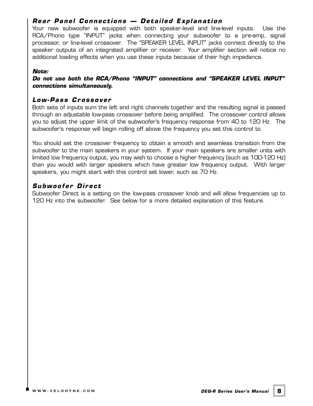 Velodyne Acoustics DEQ-8R, DEQ-10R Rear Panel Connections Detailed Explanation, Low Pass Cr ossover, Subwoofer Dir ect 