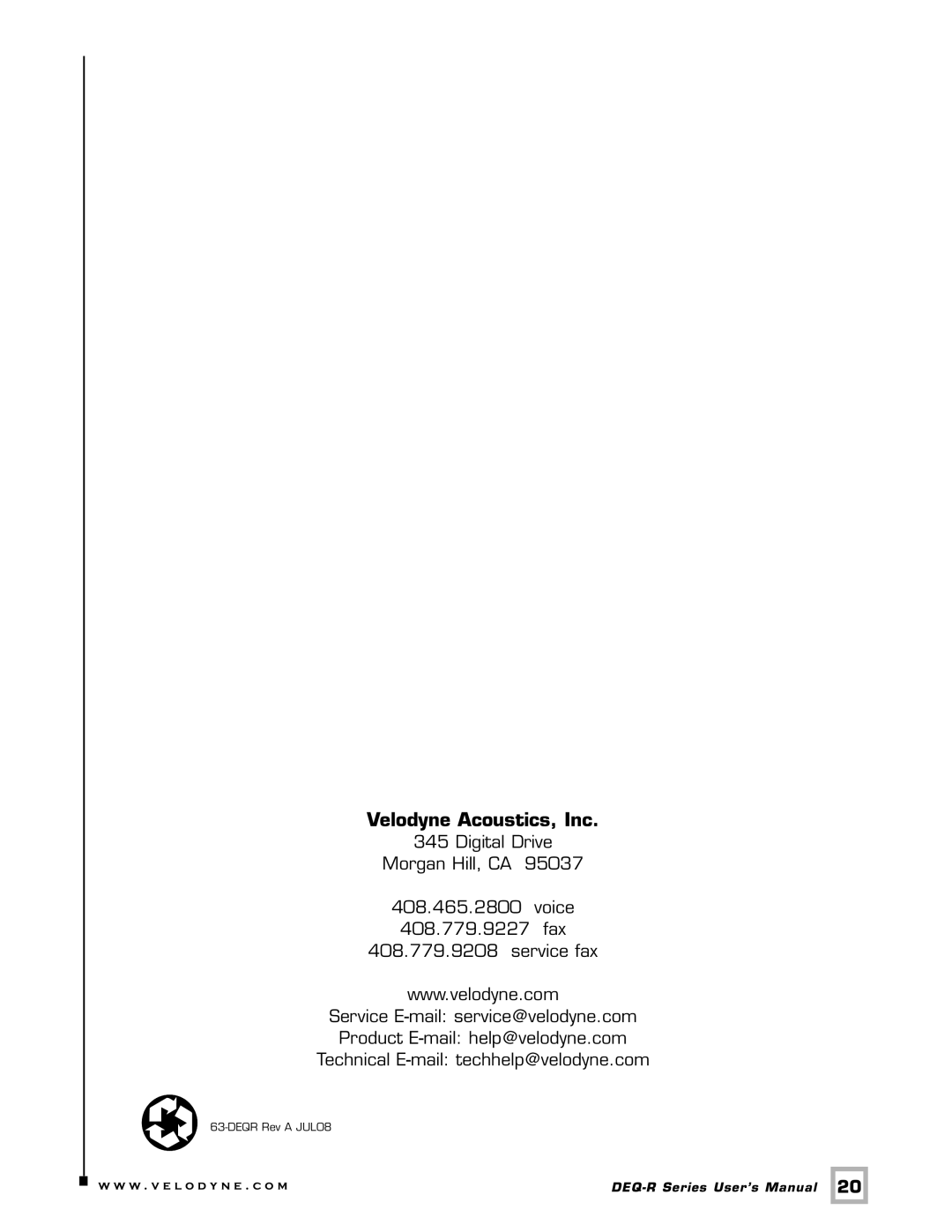 Velodyne Acoustics DEQ-8R, DEQ-10R, DEQ-15R, DEQ-12R user manual Velodyne Acoustics, Inc 