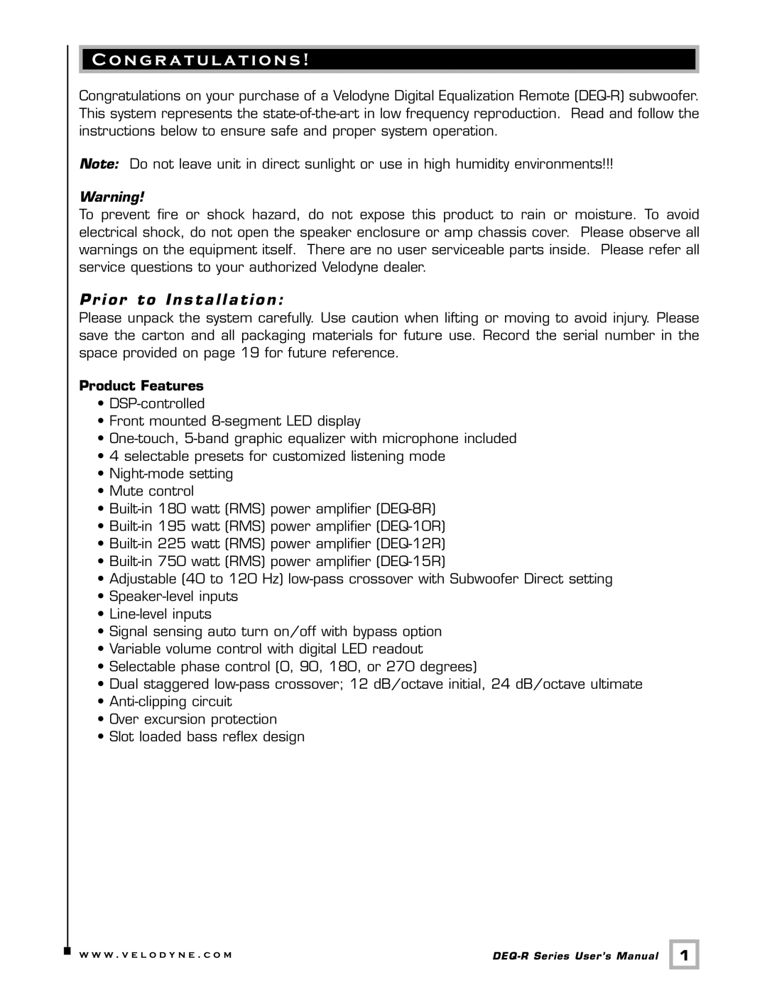 Velodyne Acoustics DEQ-10R, DEQ-15R, DEQ-12R, DEQ-8R user manual N gr a t u l a t i o n s, Prior to Installation 