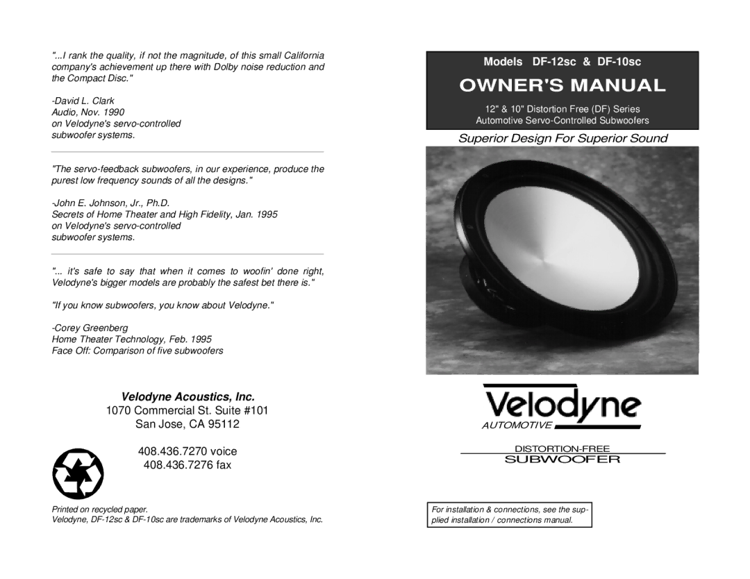 Velodyne Acoustics DF-10sc, DF-12sc owner manual Velodyne Acoustics, Inc 