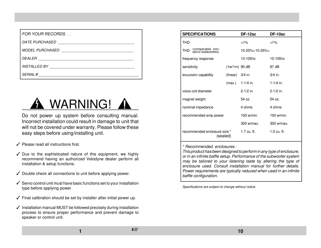 Velodyne Acoustics owner manual Specifications, DF-12sc DF-10sc 